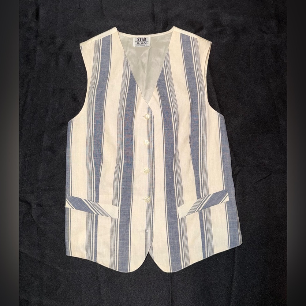 Star C.C.C. Vintage 90s Striped Waistcoat Vest Blue White Men’s Small Tailored